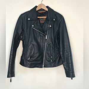 First Classics Black Leather Motorcycle Jacket with Braided Details size L